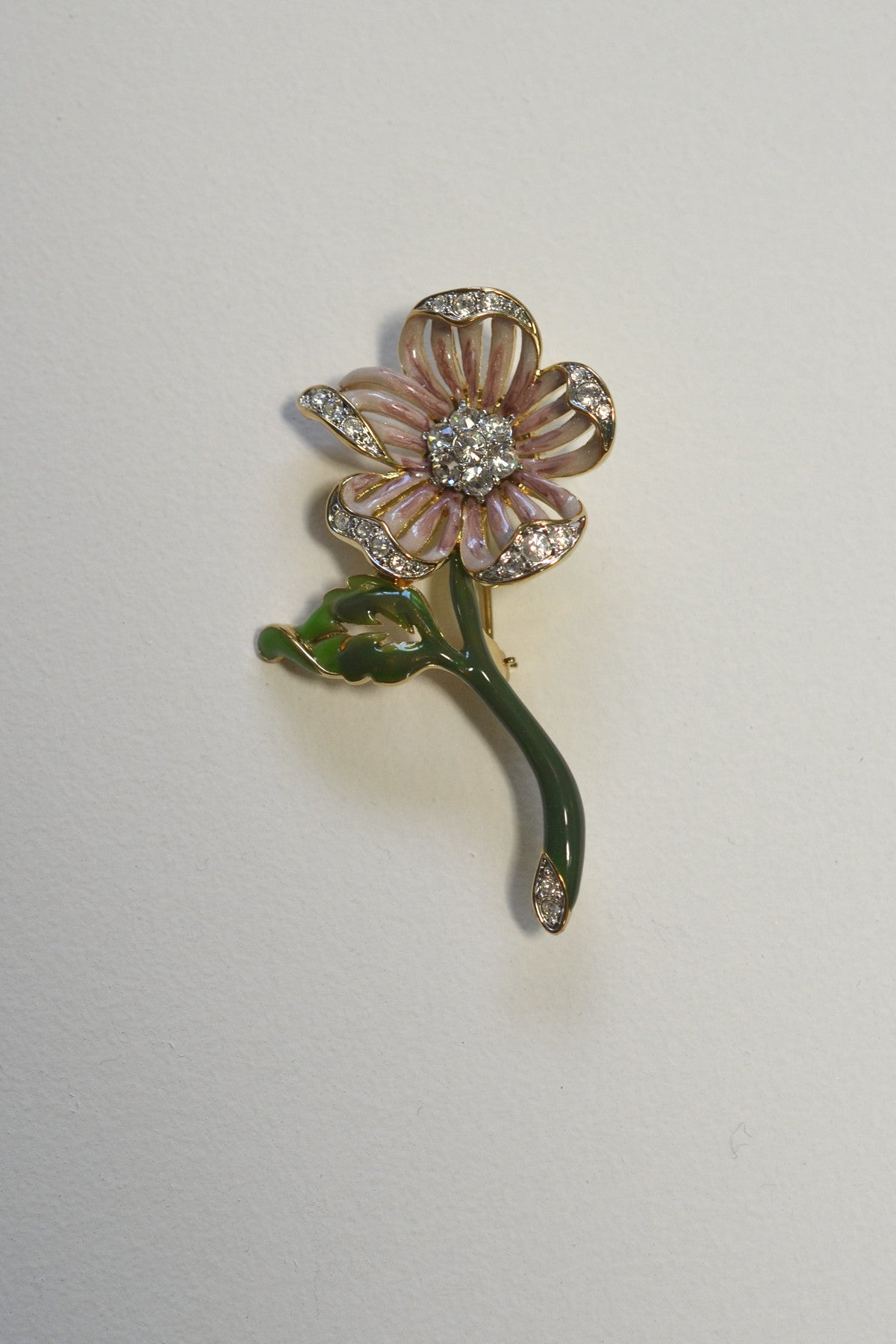 Nolan Miller Rose Mauve Enamel and Crystal Flower Brooch | VintageVirtuosa