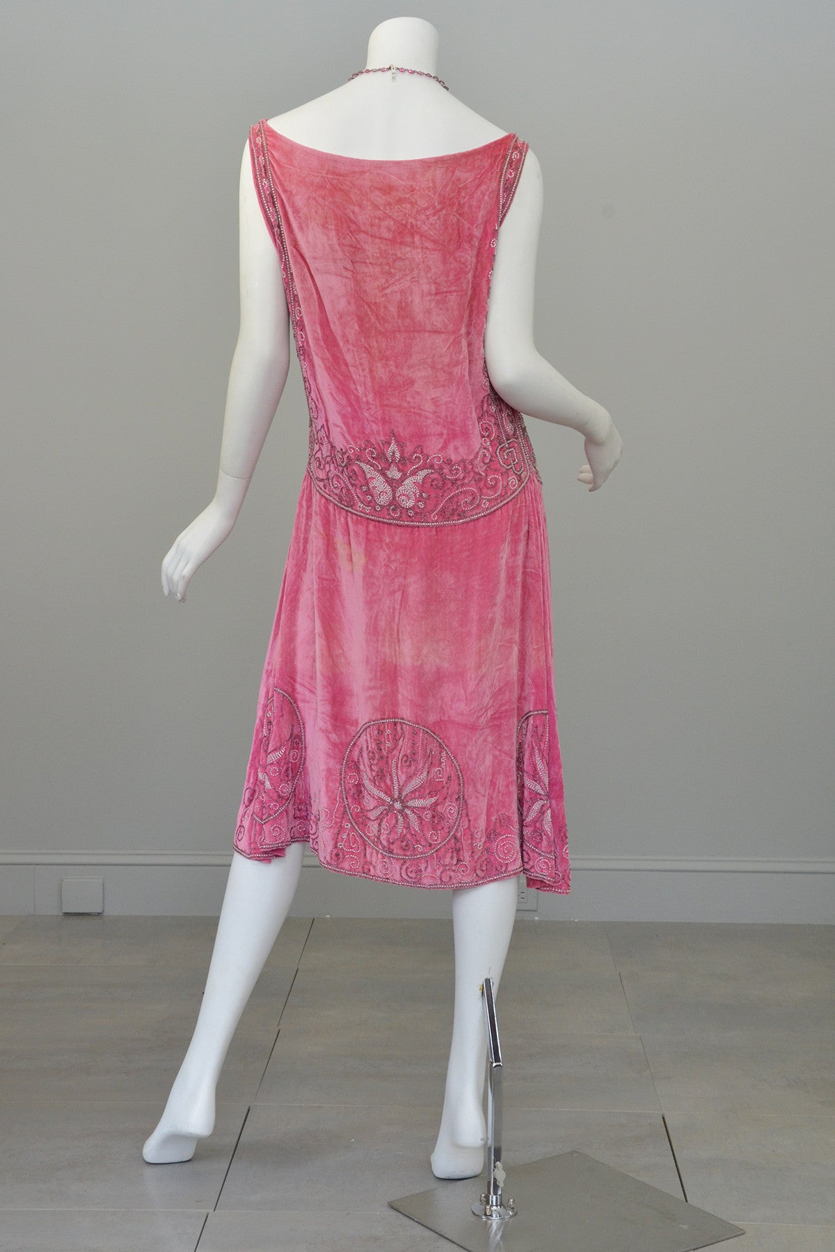 1920s Pink Velvet Deco Beaded Flapper Dress | VintageVirtuosa