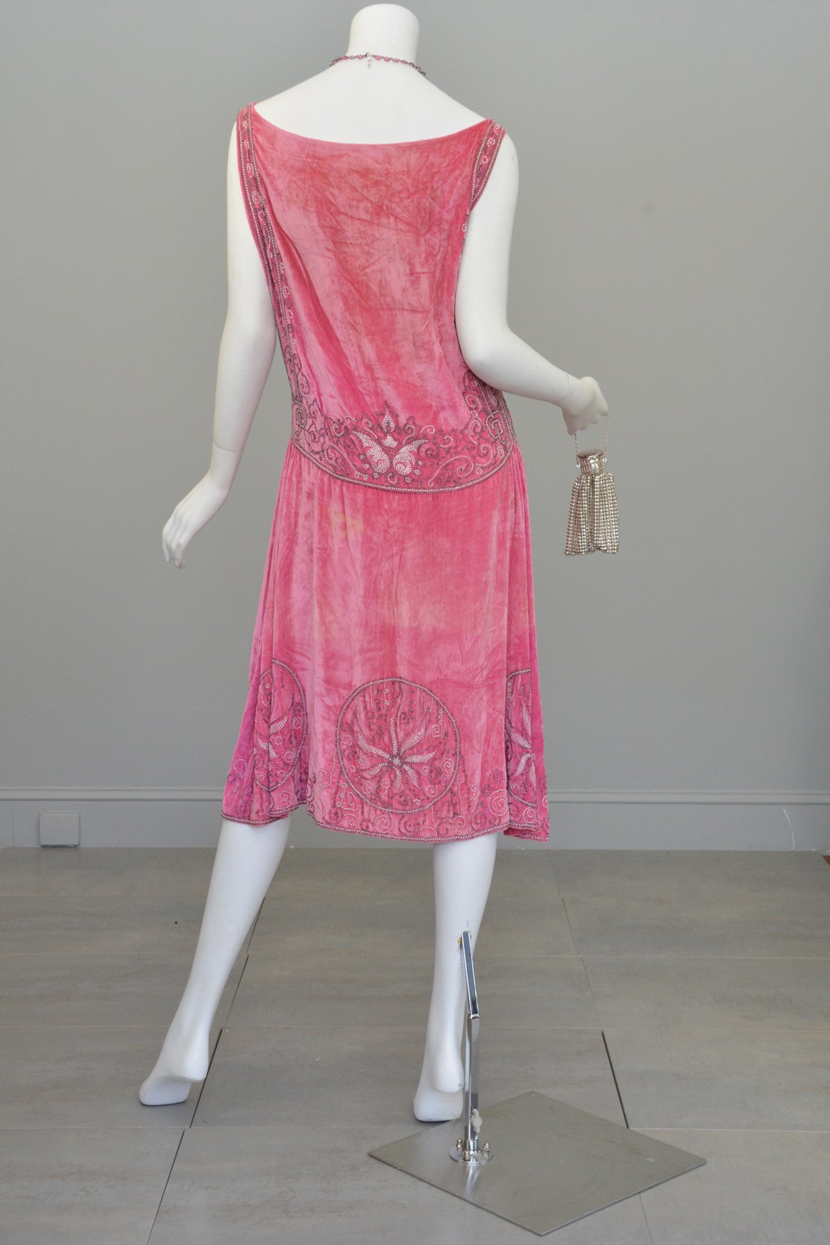 1920s Pink Velvet Deco Beaded Flapper Dress | VintageVirtuosa