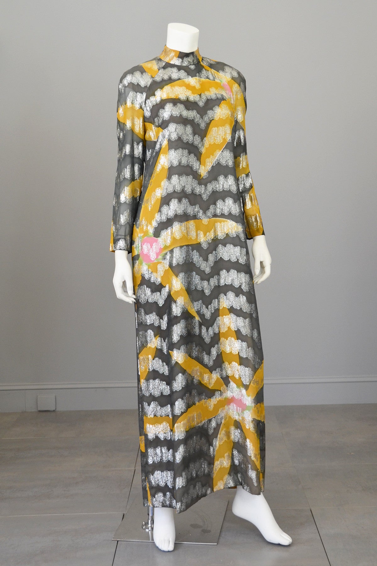 Vintage 70s Silver Lame Goldenrod and Charcoal Retro MOD Maxi Dress ...