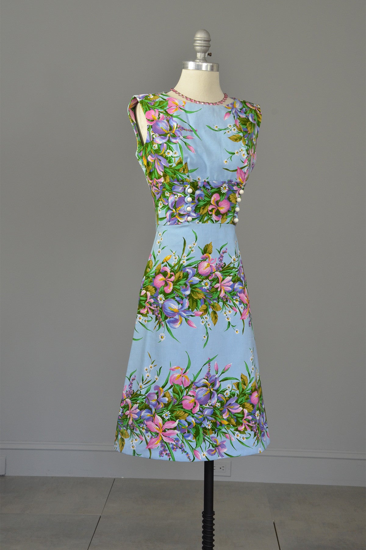 1970s Sky Blue Retro Print Garden Party Dress, Size XS | VintageVirtuosa