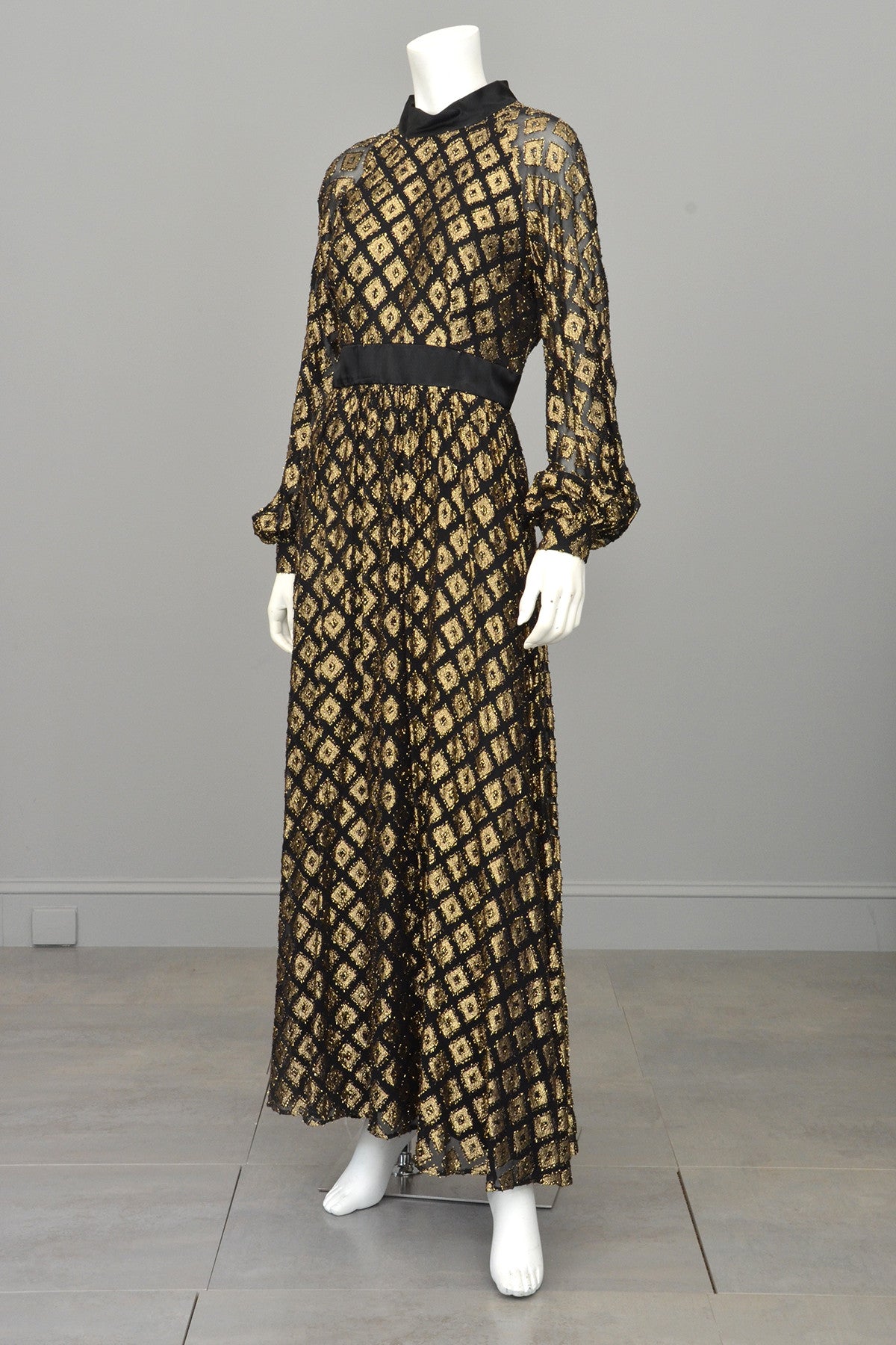1970s Black Chiffon Gold Lamé Full Skirt Maxi Dress Gown | VintageVirtuosa