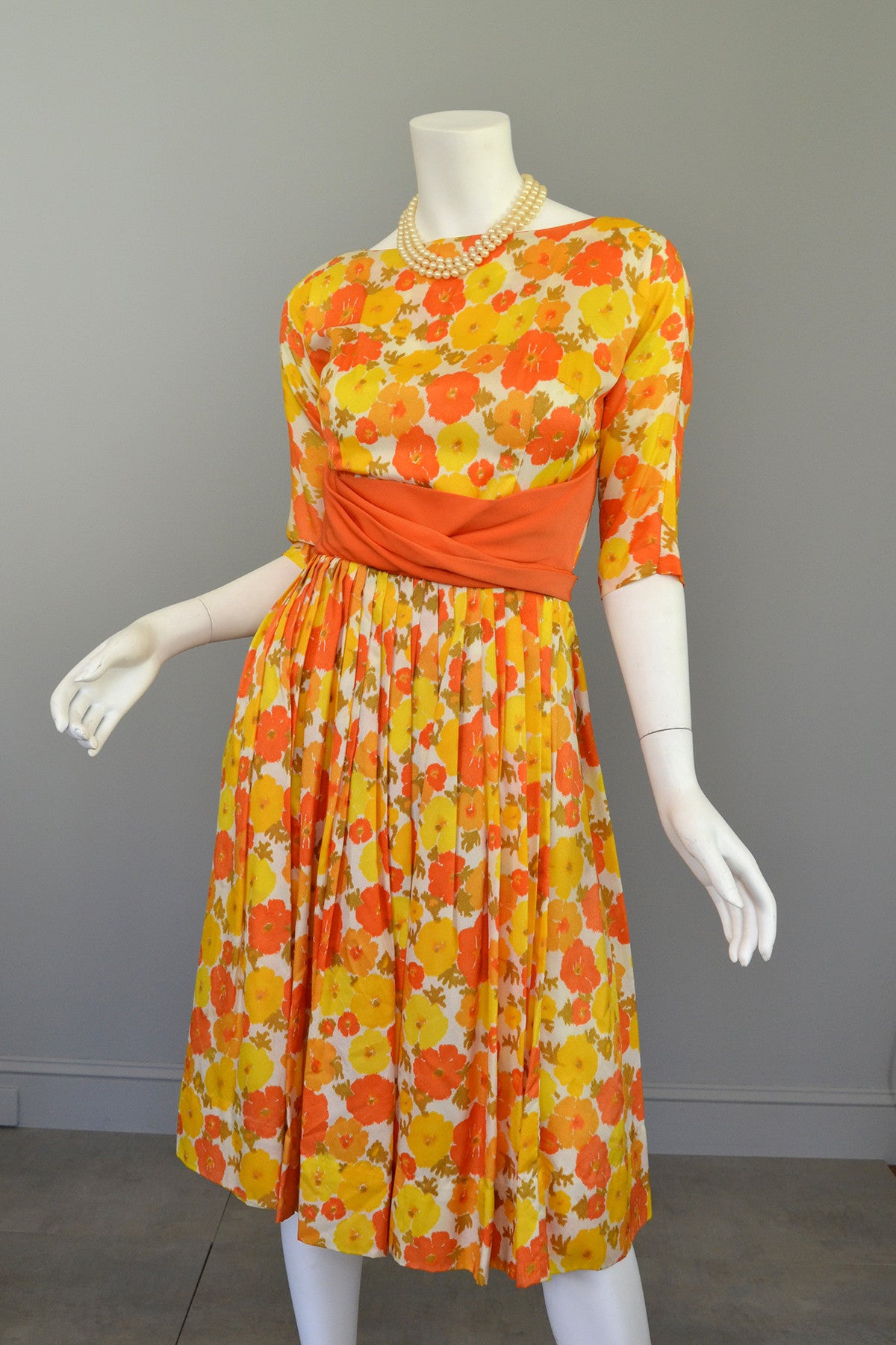 1960s Sunshine Yellow and Orange Retro Flower Print Vintage Party Dres