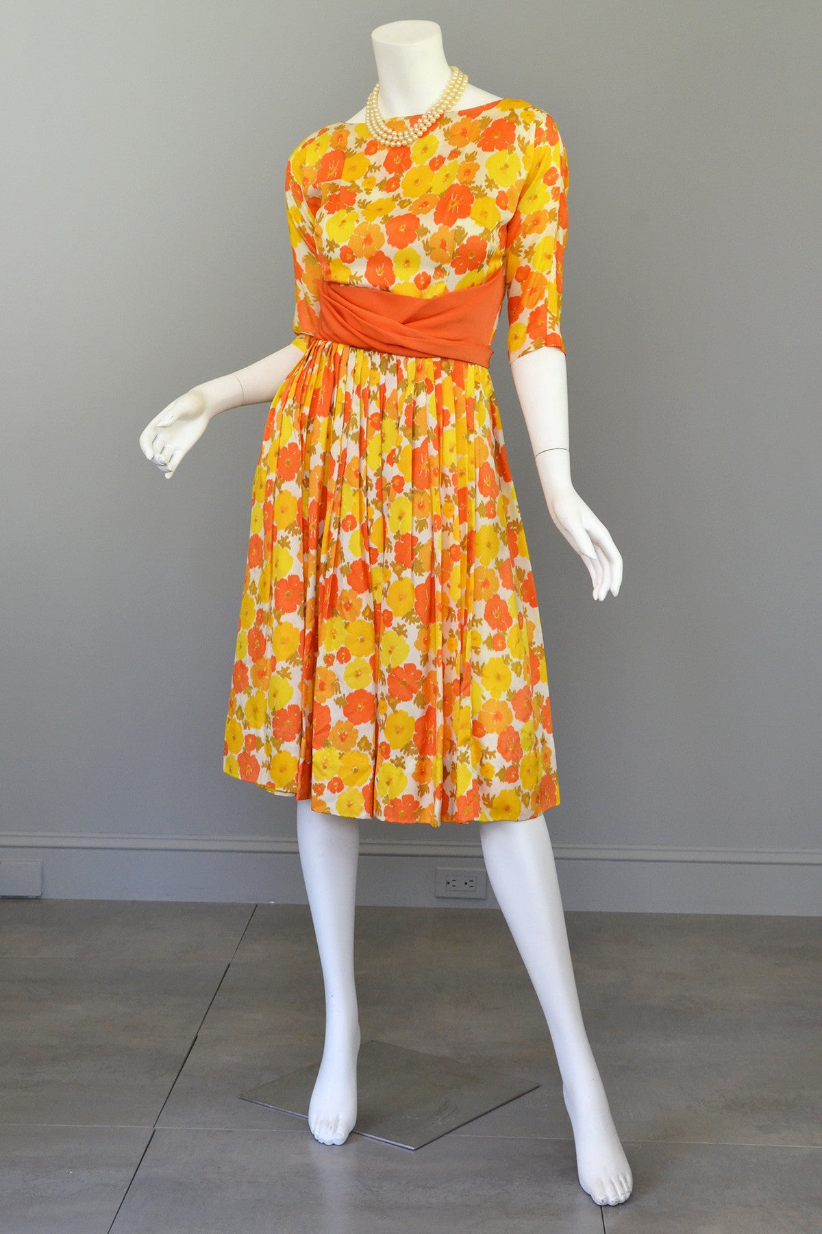1960s Sunshine Yellow and Orange Retro Flower Print Vintage Party Dres |  VintageVirtuosa