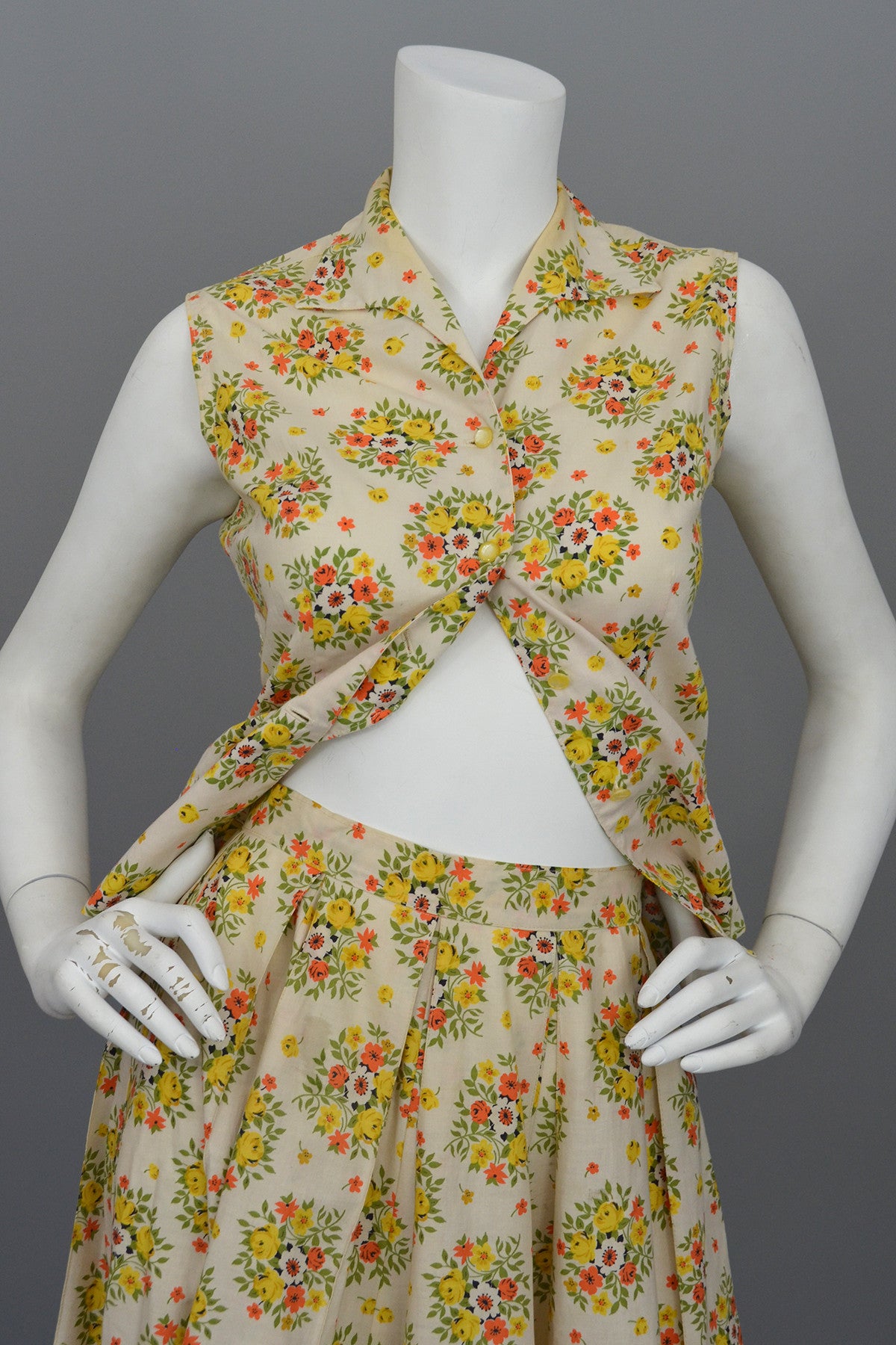 Vintage 1950s Cotton Yellow Rose Print Skirt And Top Dress Vintagevirtuosa 5199