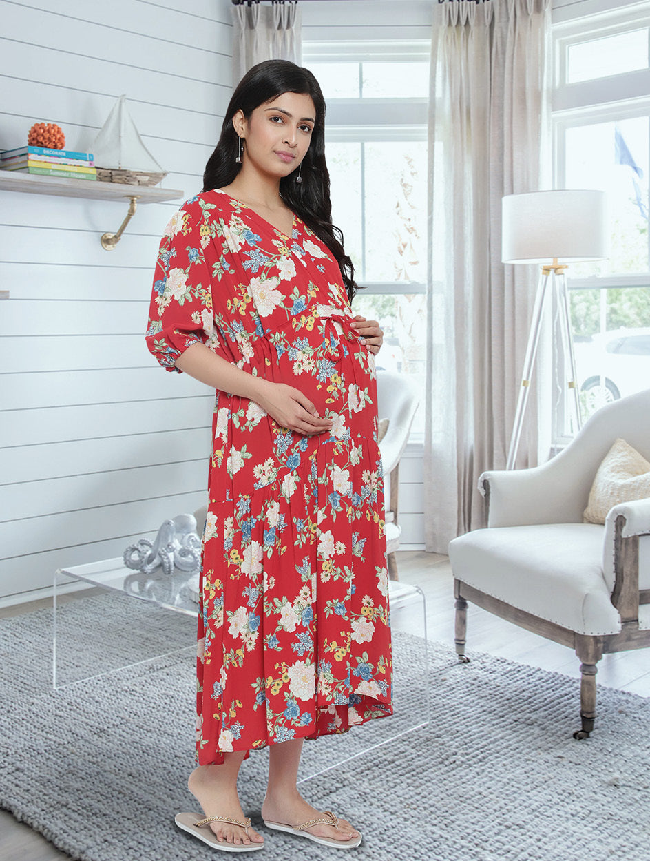 Maroon Cotton Ikat Maternity & Nursing Midi Dress set of 1 Pcs