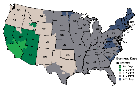 United States Map showing shipping zones as an example of delivery time expectations