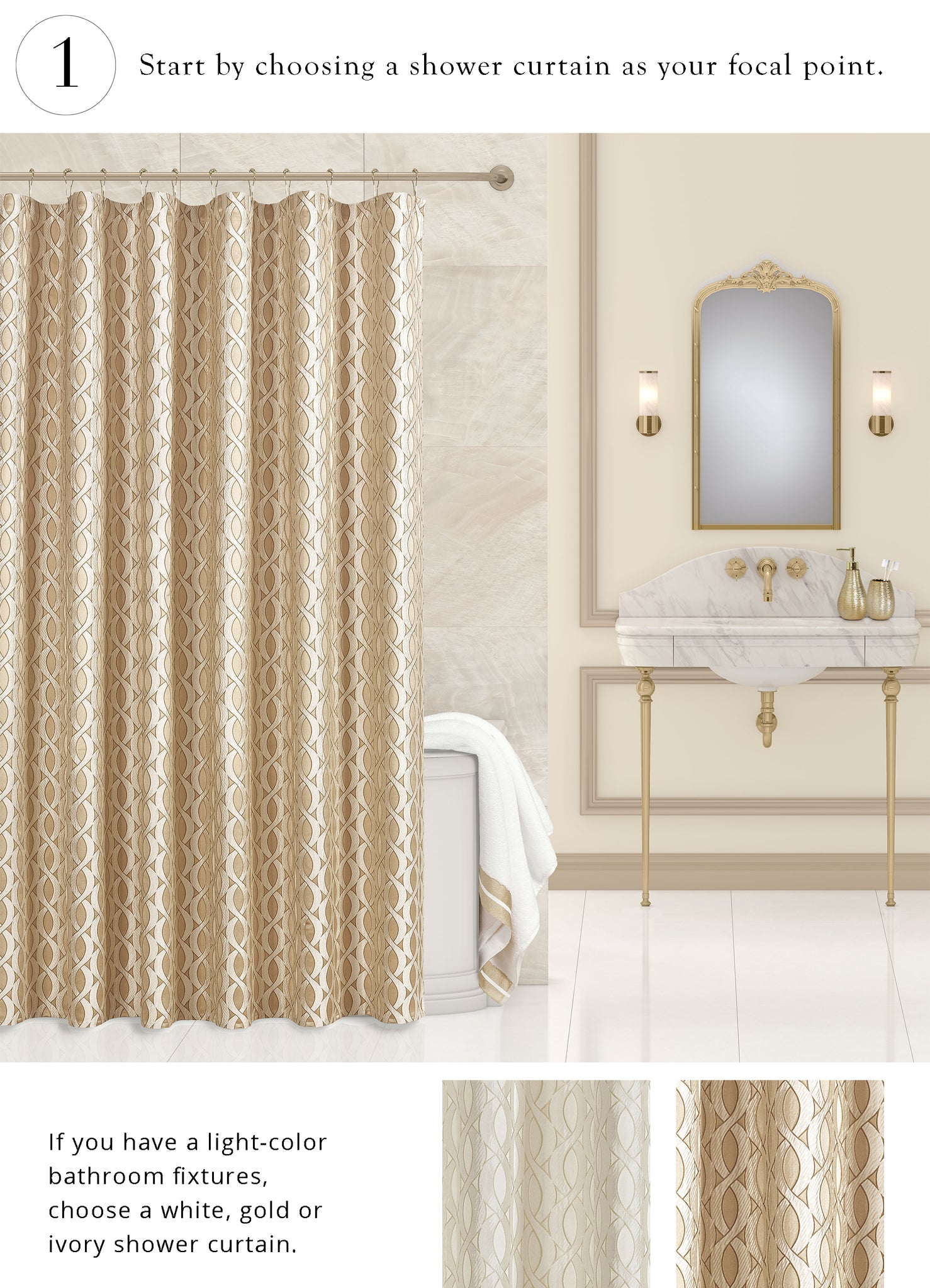 Luxury bathroom with jacquard shower curtain La boheme gold