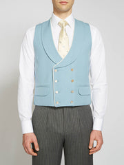 Pale Blue Gabardine Wool Double-Breasted Shawl Lapel Piped Waistcoat