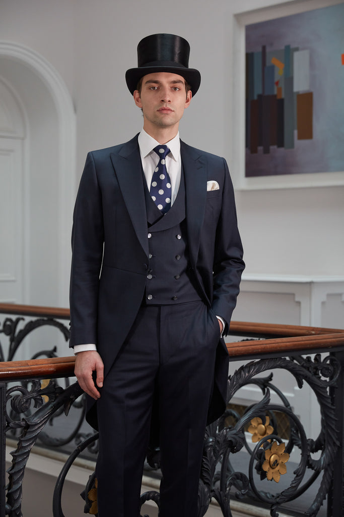 3 Piece Blue Morning Suit For Hire with Navy Pattern Waistcoat  Rathbones  Tailor