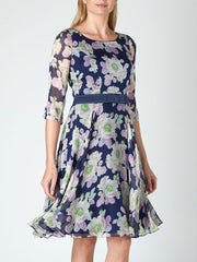 SERENA CIRCLE DRESS NAVY BLOMFEILD SILK CHIFFON