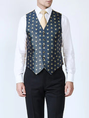 NAVY BEES SILK SINGLE BREASTED 6 BUTTON WAISTCOAT