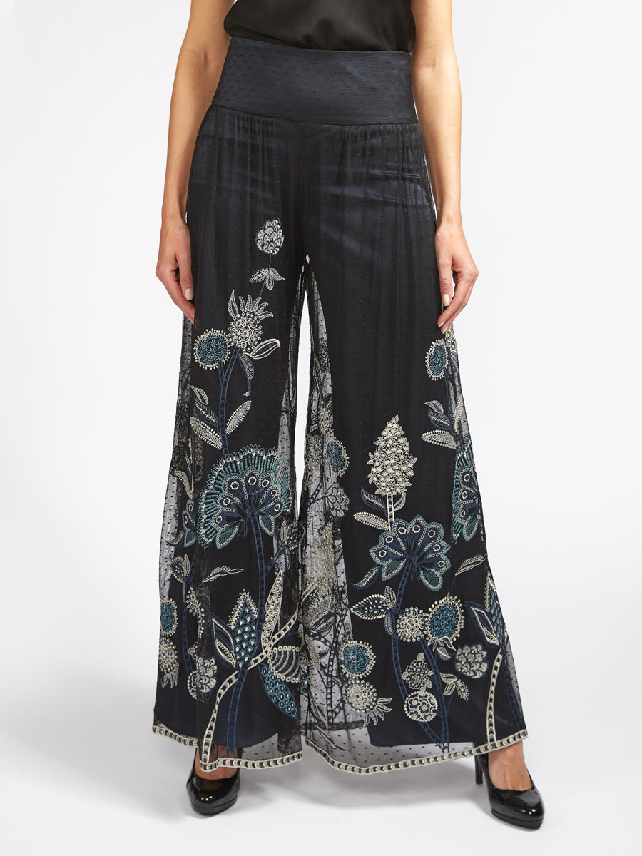 Black and Ivory Print Palazzo Pants, Black and Ivory Printed Wide