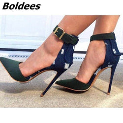 Stylish New Style Suede Denim Color Matched Thin High Heels Fashion Women Line Buckle Style Pointy Pumps Fancy Jeans Shoes