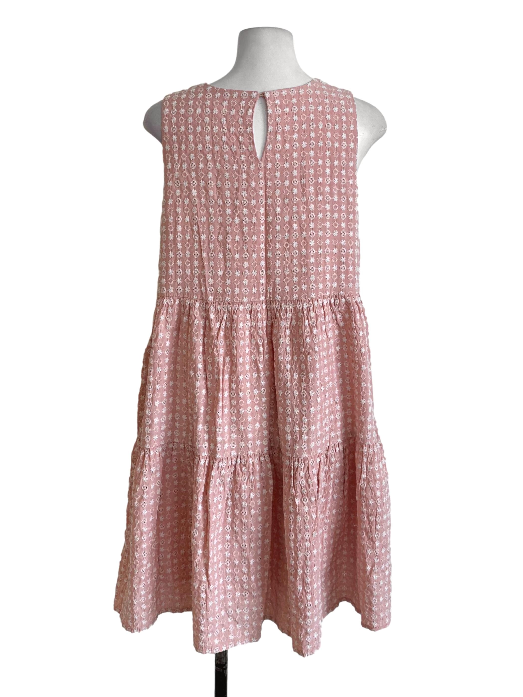 Peach Pink Embroidery Textured Tiered Dress