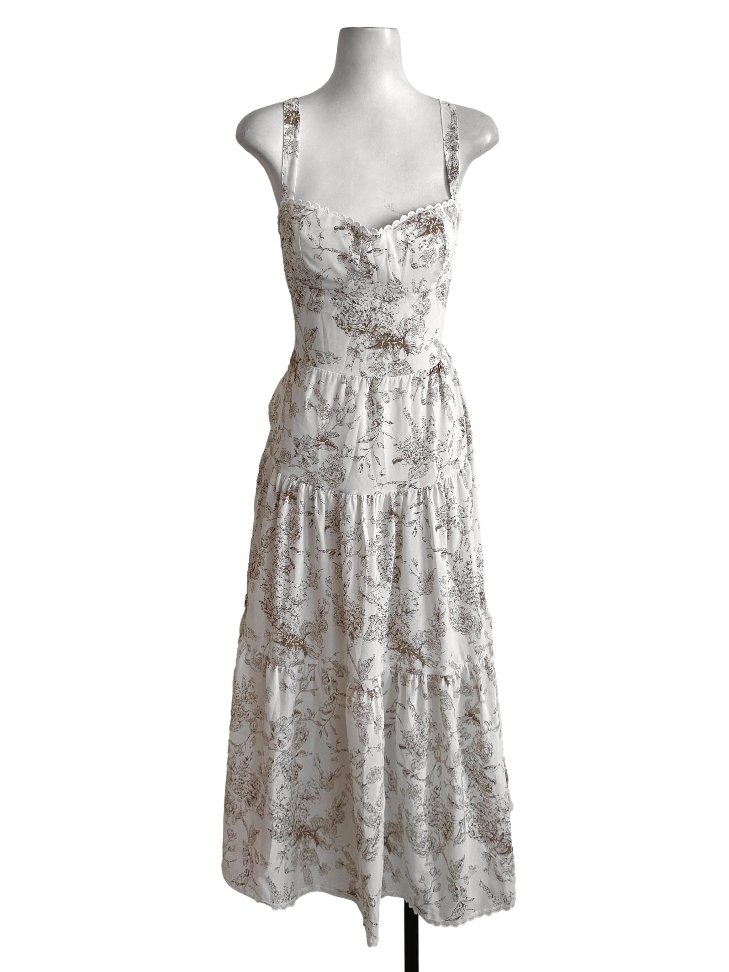 White Brown Pattern Tiered Dress