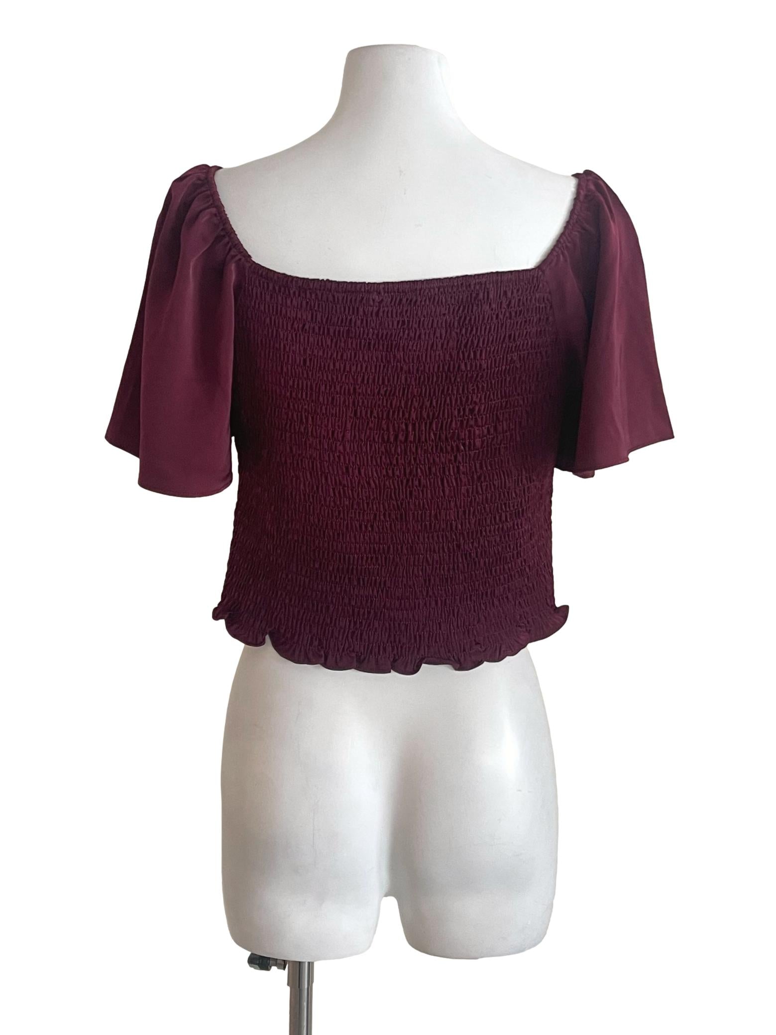 Burgundy Puff Sleeve Ruched Crop Top