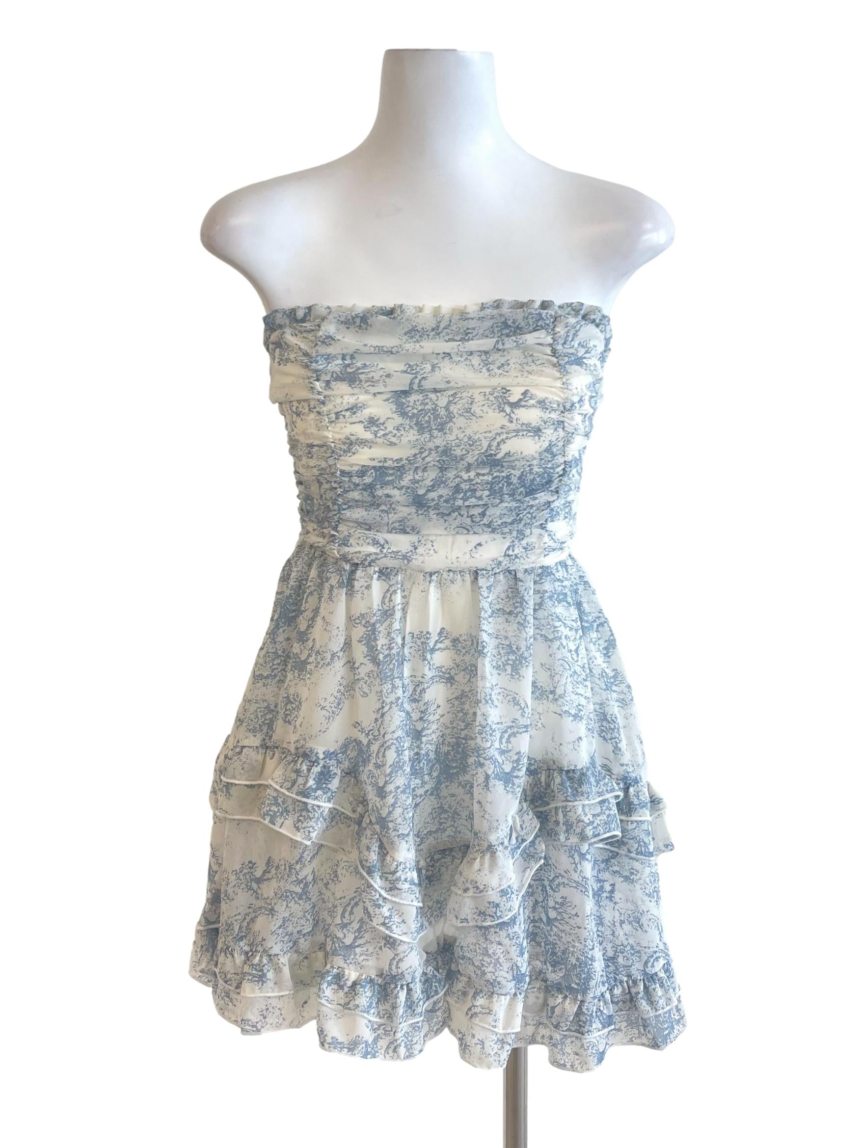 White Blue Abstract Strapless Layered Mini Dress