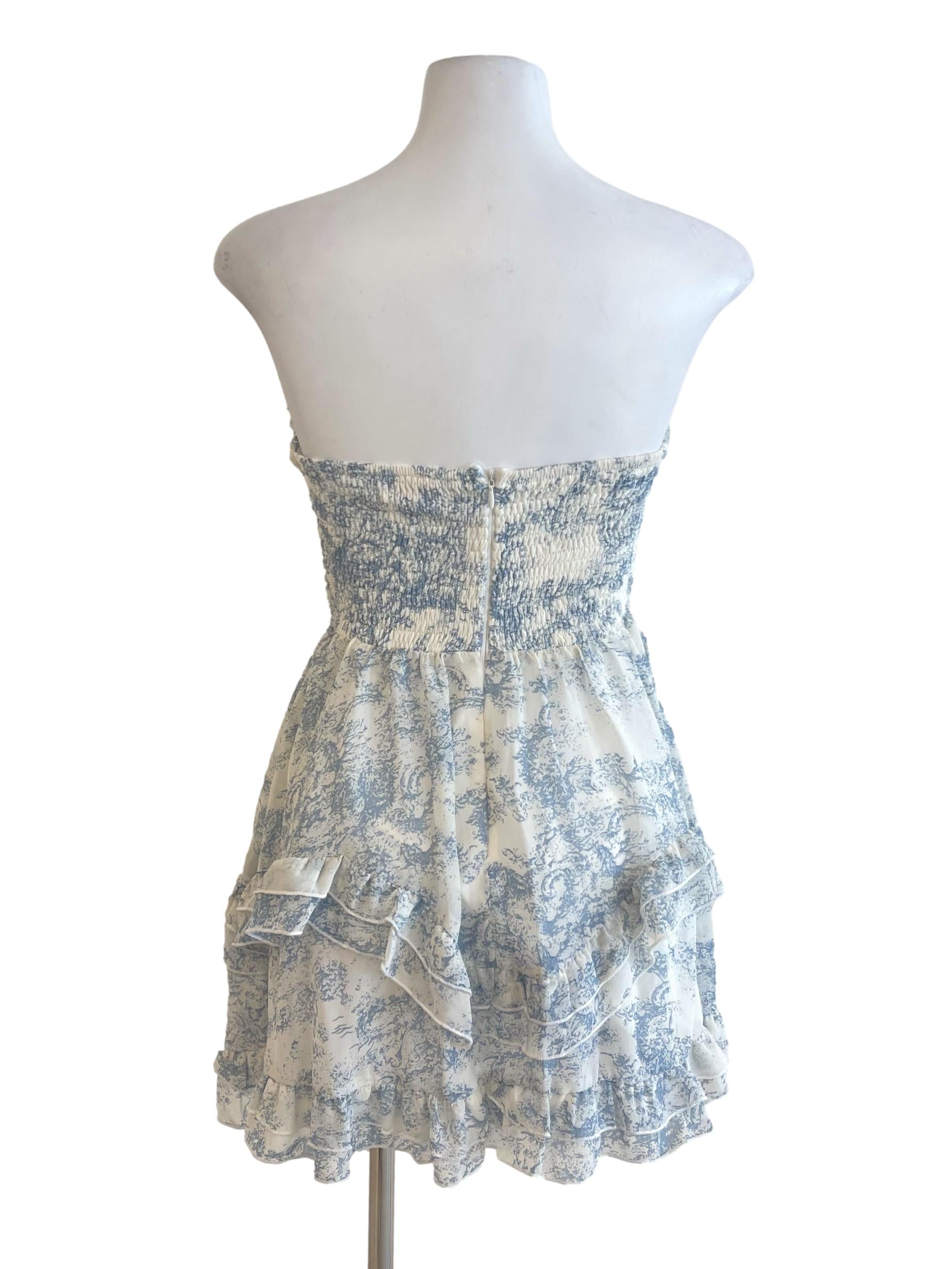 White Blue Abstract Strapless Layered Mini Dress