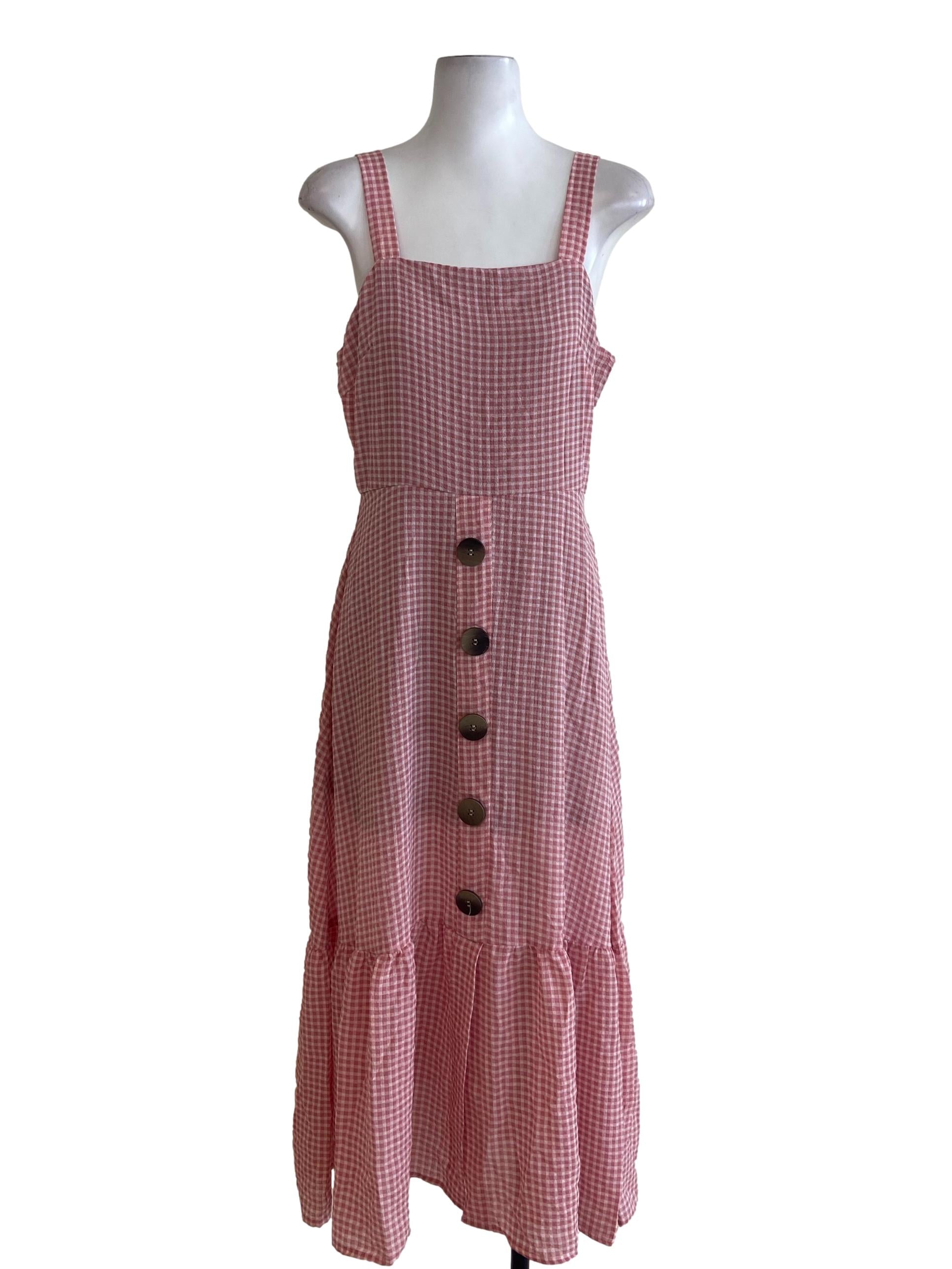 Rose Pink Shepherd'S Check Drop Waist Apron Dress