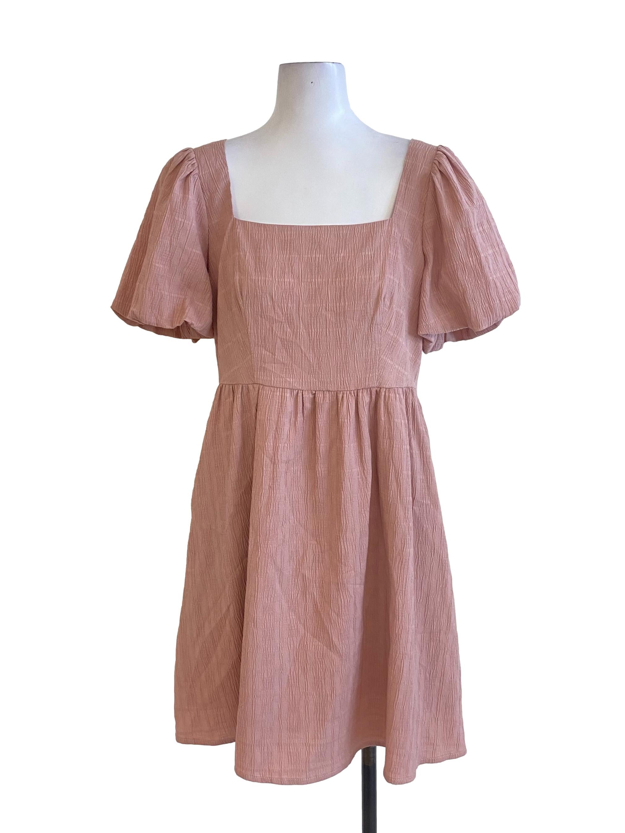 Blush Pink Sharkskin Puffed Sleeved Square Neck Dress