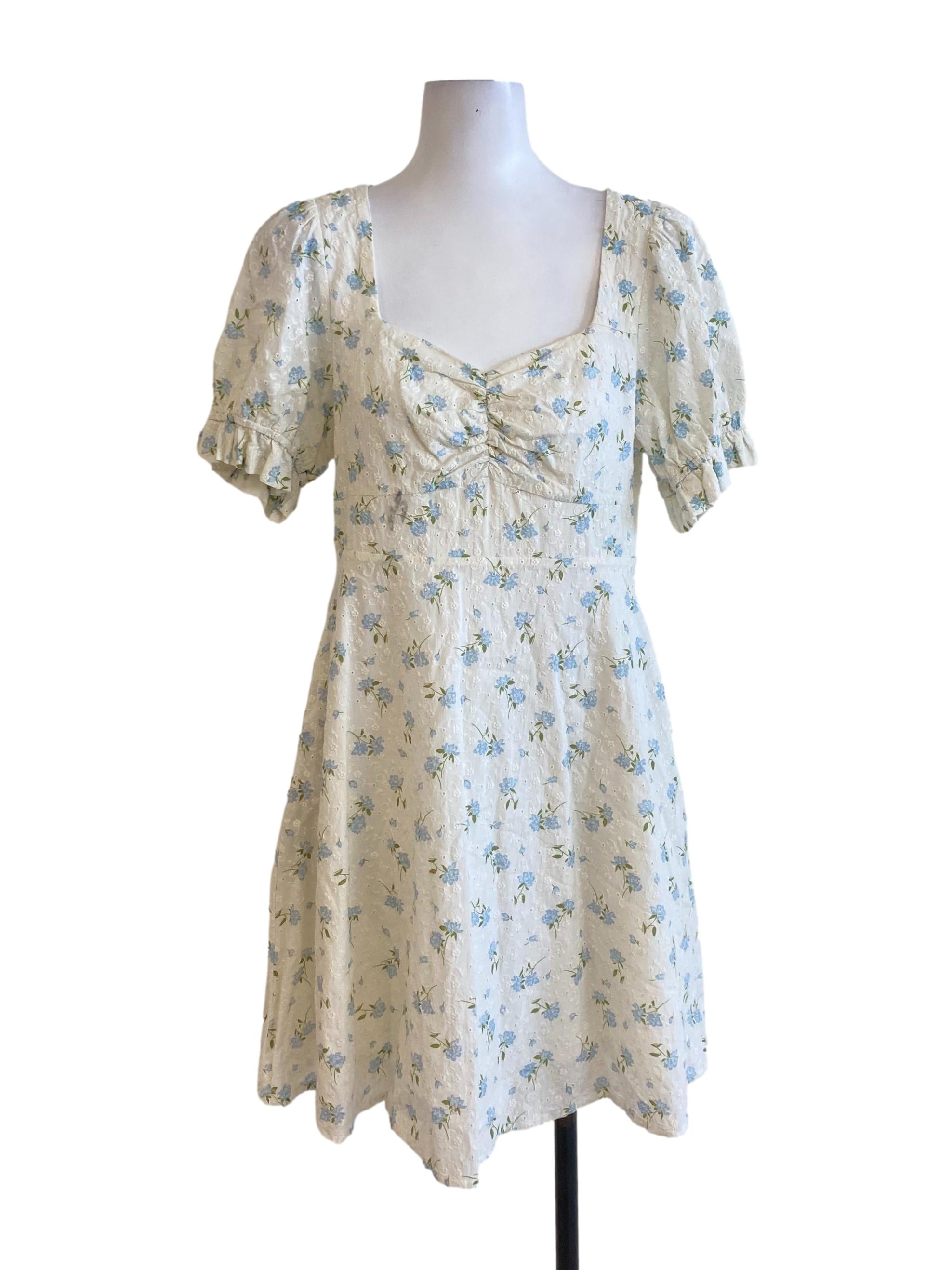 White Blue Floral Embroidered Wrap Bust Peasant Sleeved Dress