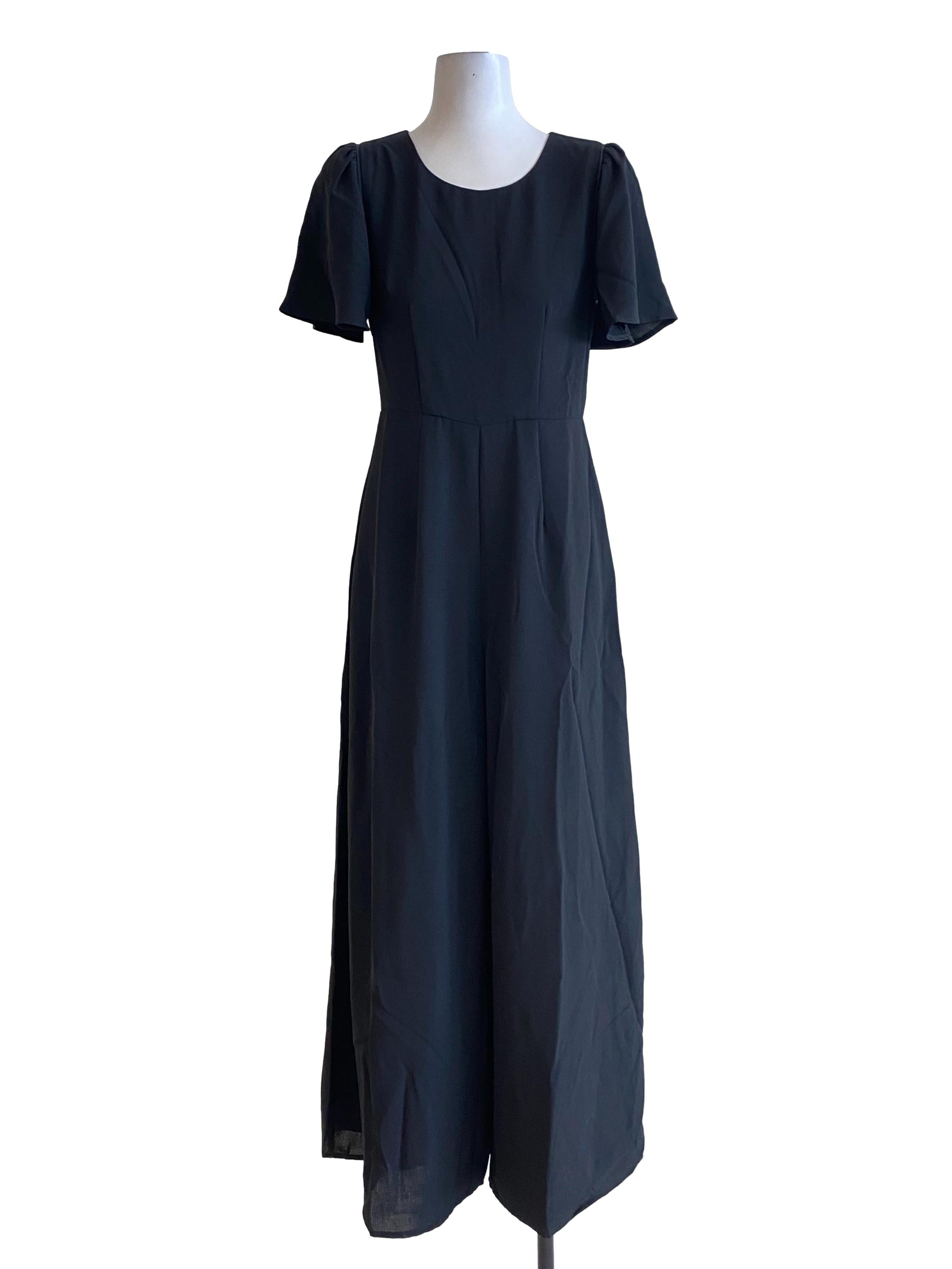 Black Plain Petal Sleeved Shirt Long Jumpsuit