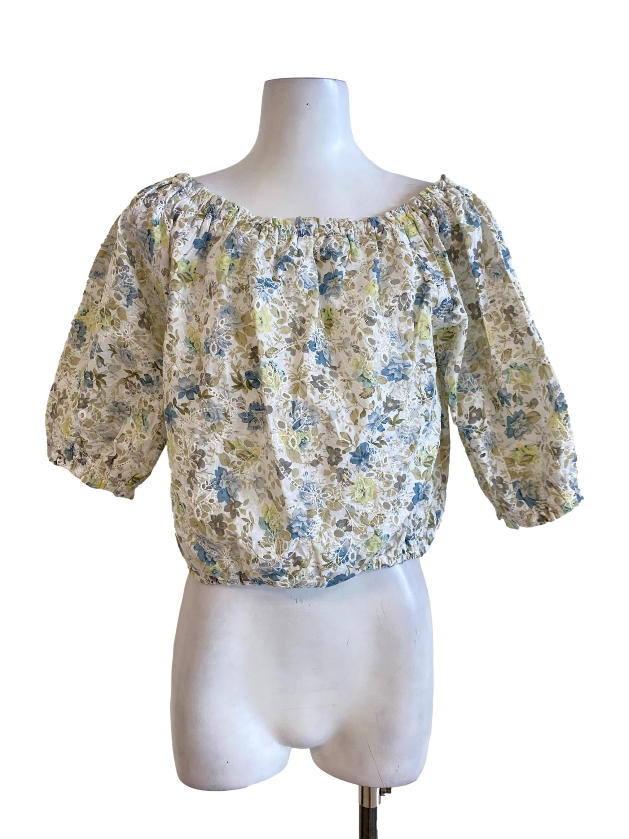 Mixed Blue Green Floral Embroidered Ruffled Neck Top