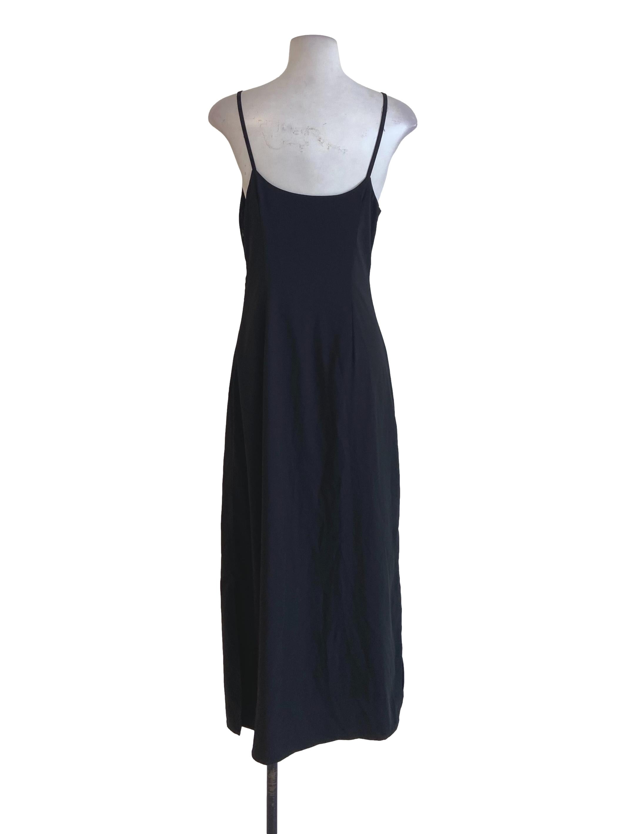 Black Silk Slit Spaghetti Strap Slip Dress