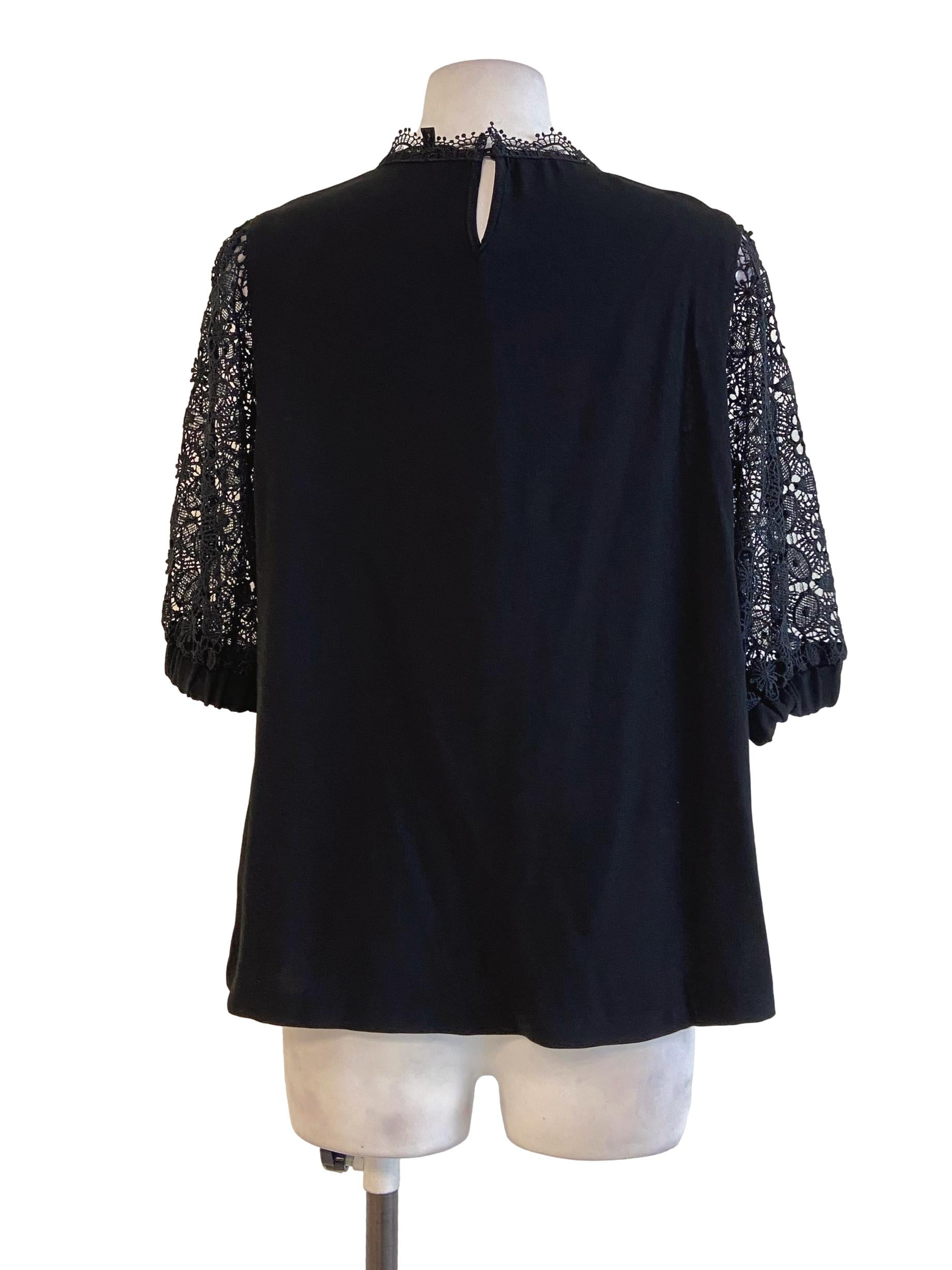 Black Silk Floral Lace Sleeves Blouse