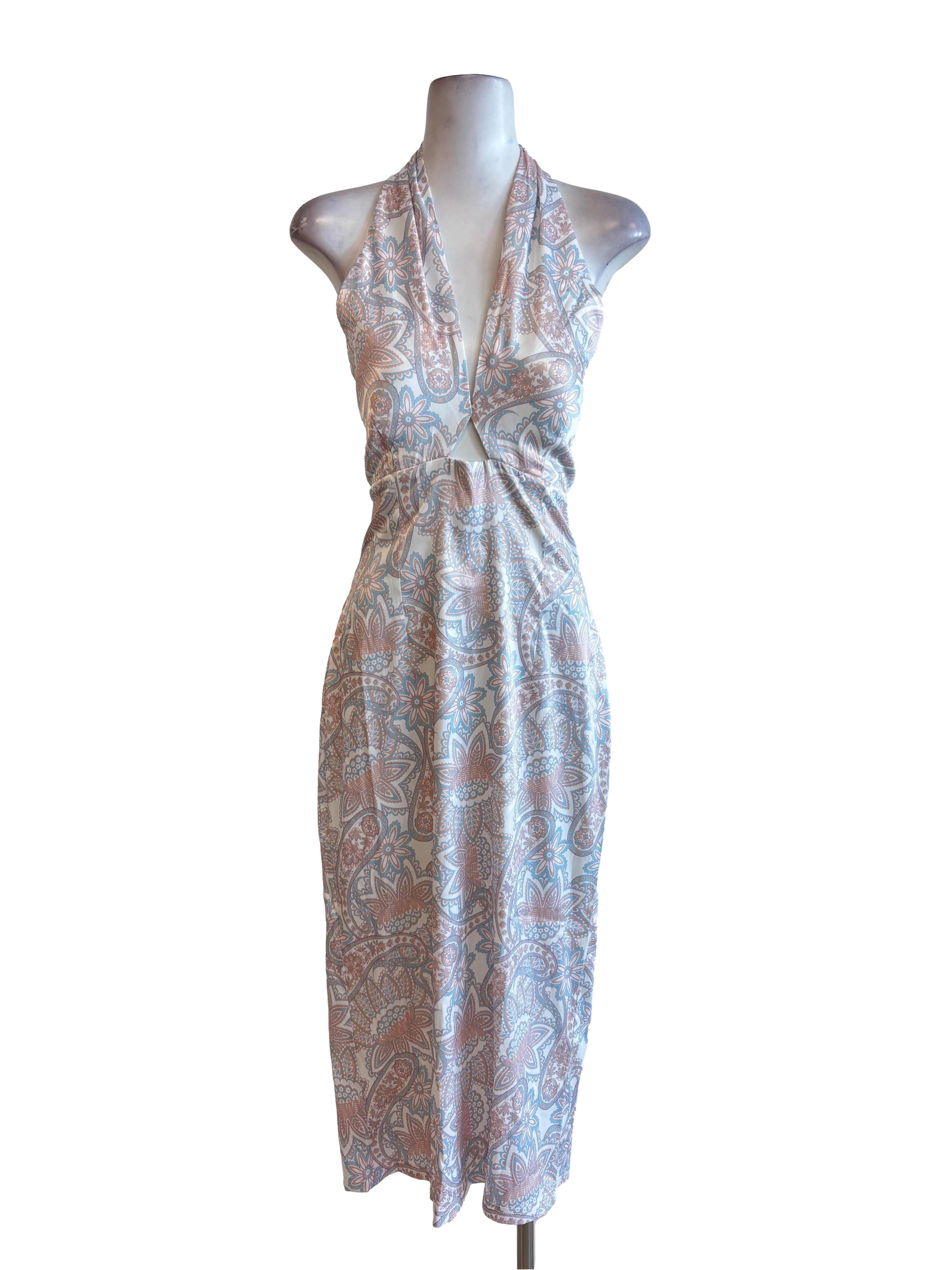 White Patterned Sexy Halter Dress