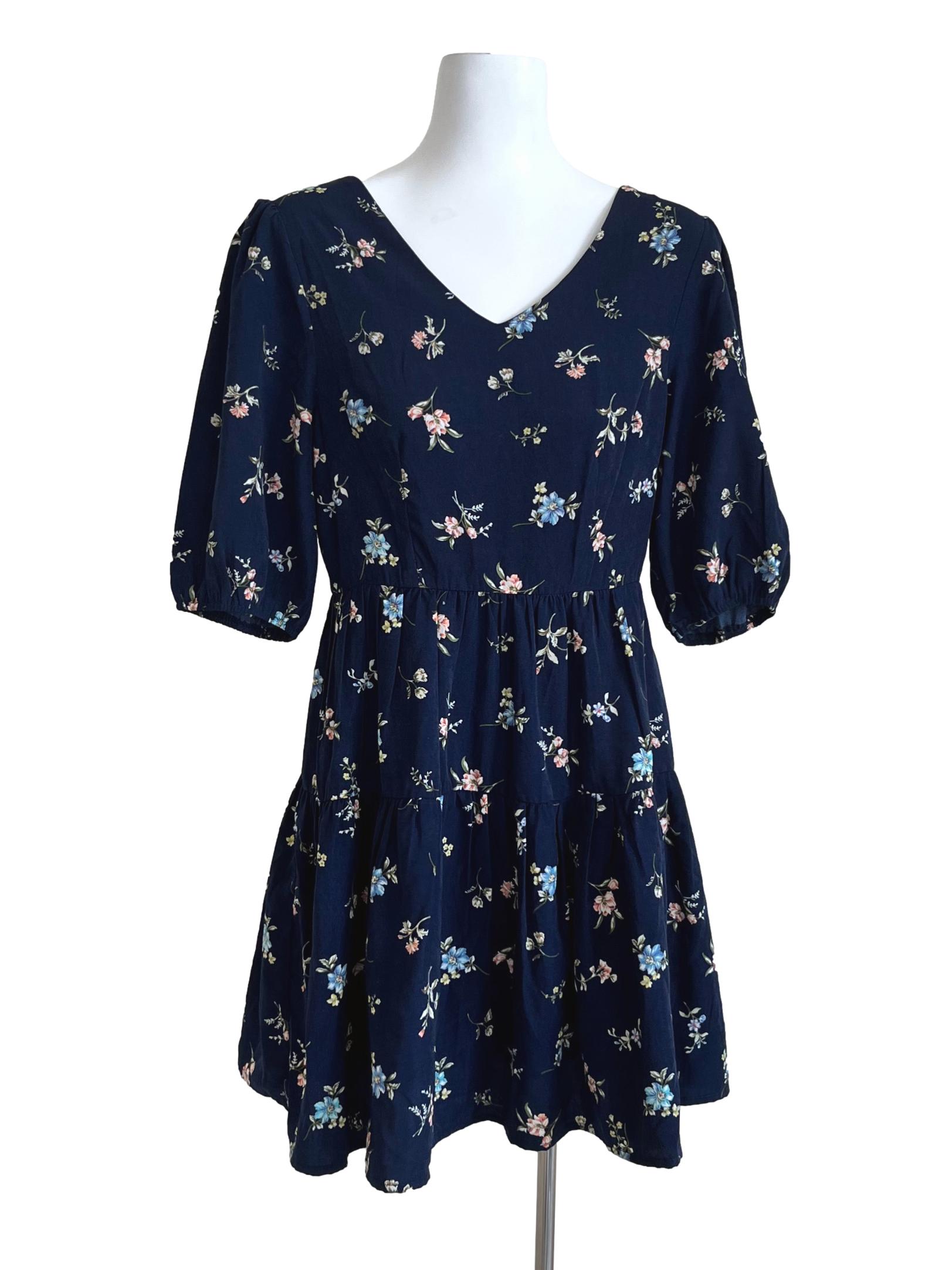 Dark Blue Floral Pattern Short Sleeve Dress
