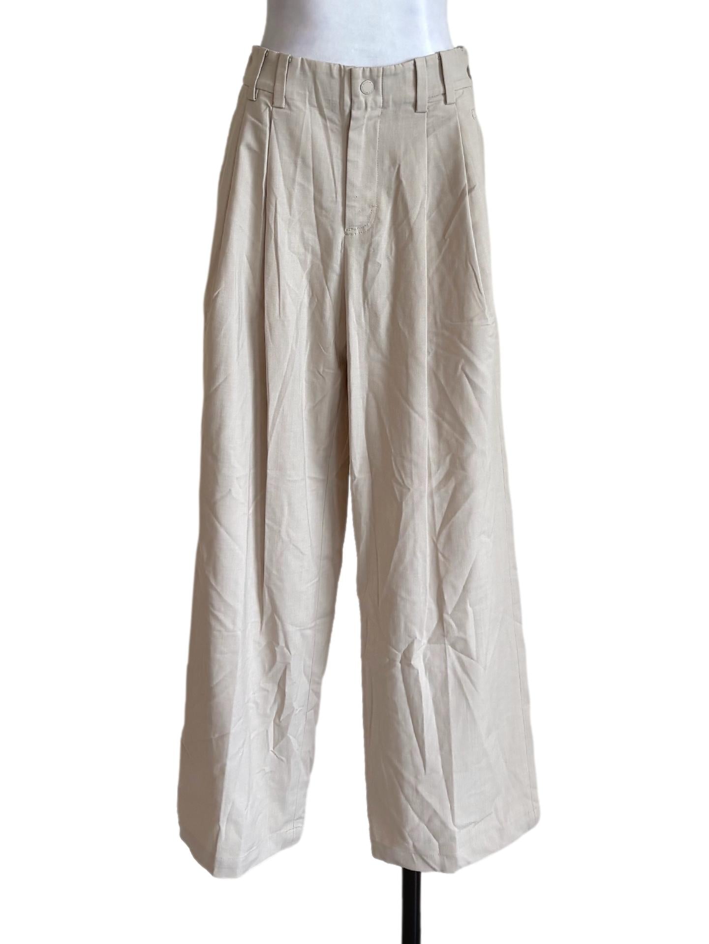 Beige Pleated Wide Leg Dress Pants