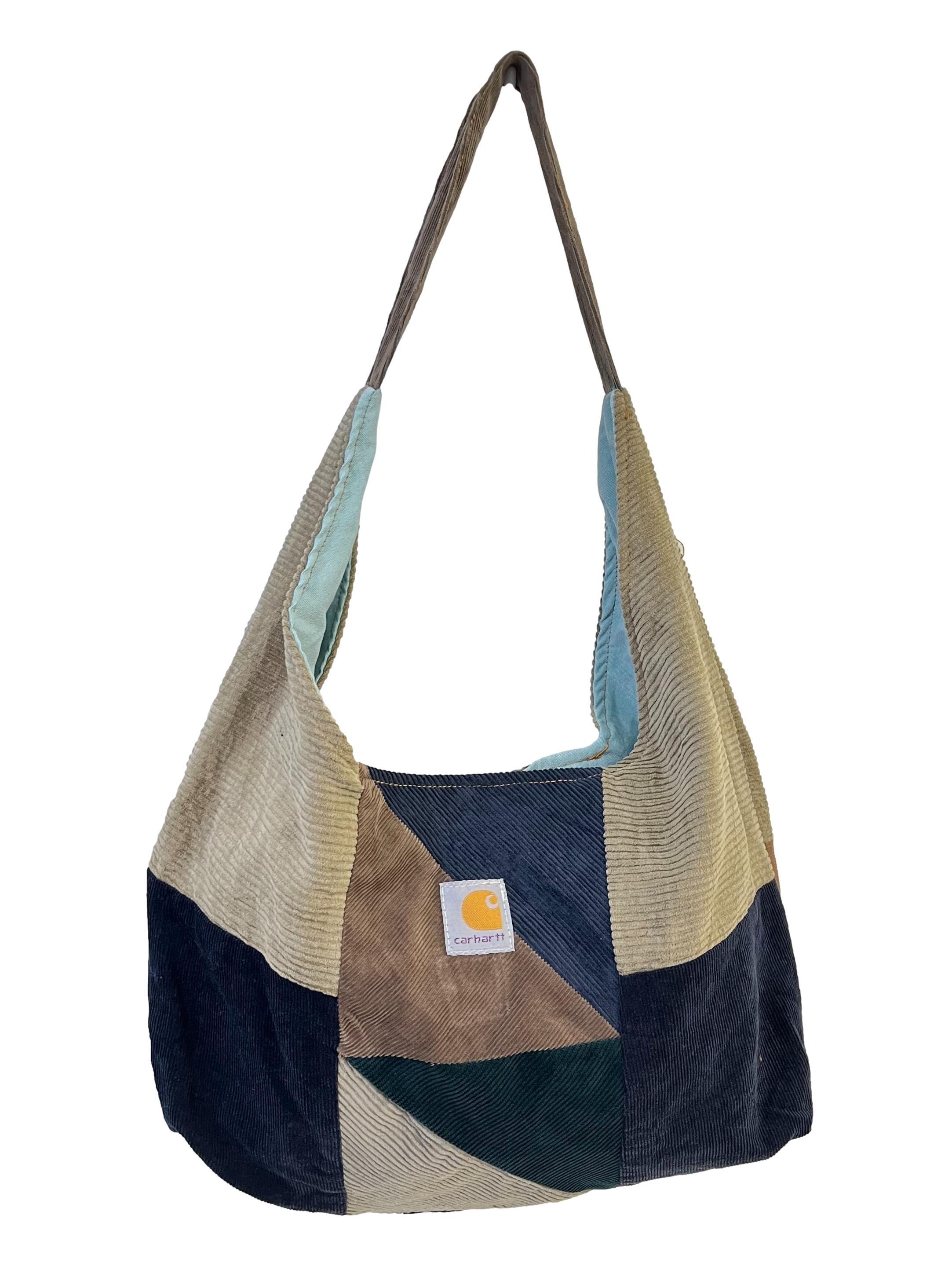 Blue Green Corduroy Patch Crescent Reworked Shoulder Bag