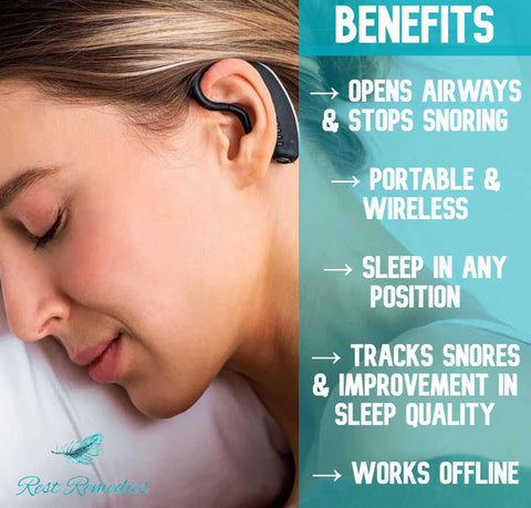 Benefits of SnoreSet Pro -  Opens airways and stops snoring, portable and wireless, sleep in any position, tracks snores and improvement in sleep quality, works offline