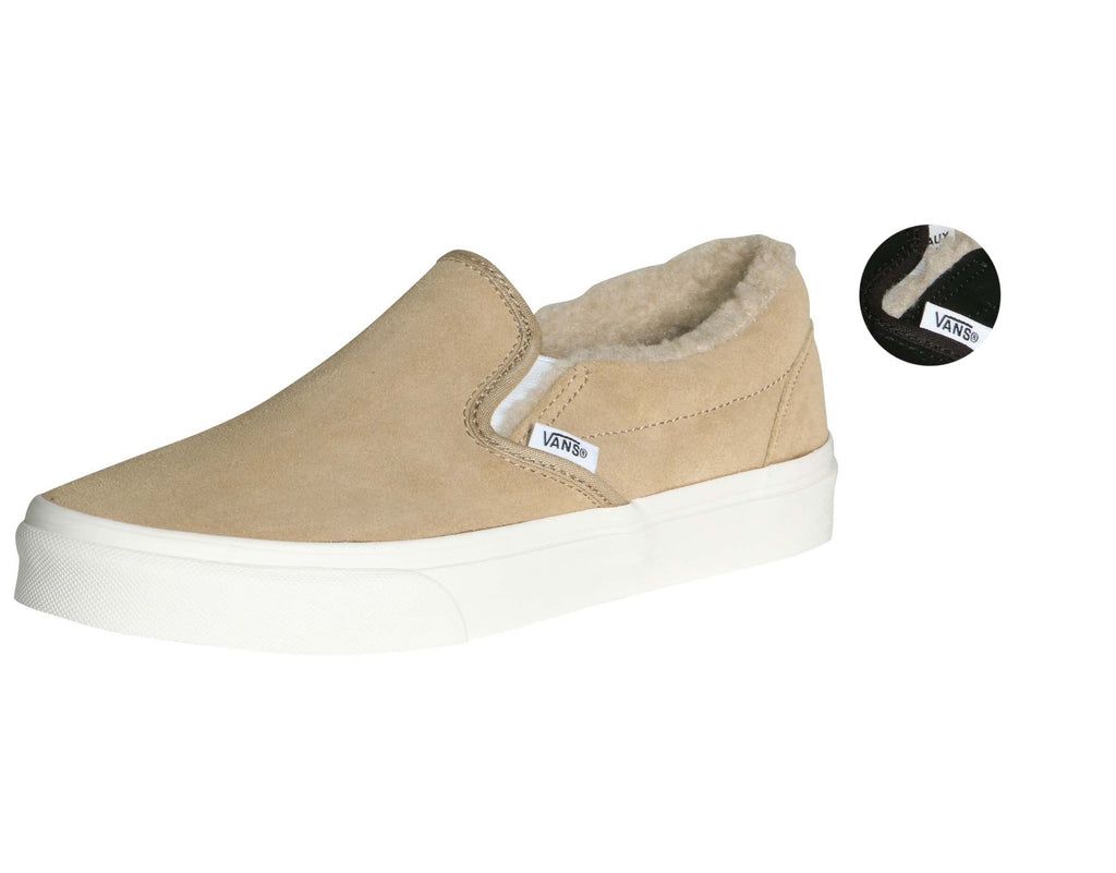 vans classic slip on mens suede fleece khaki true white skate shoes