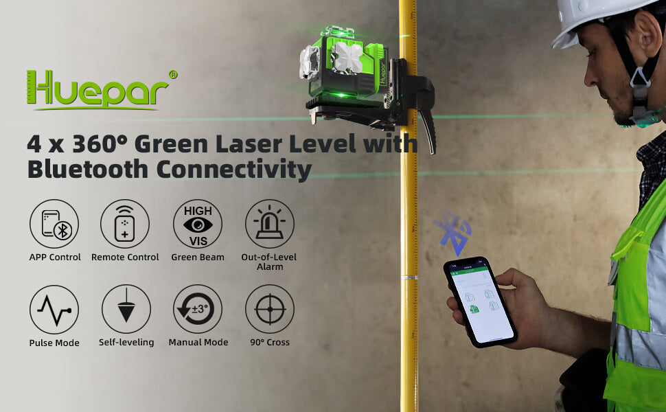 Niveau Laser Huepar 4x360 Auto-nivelant Laser Vert 16 Lignes 4D, 2x360  Lignes Horizontales et 2x360 Lignes verticales avec Mode Impulsion, 2  batteries Li-ion+Étui de Transport : : Bricolage