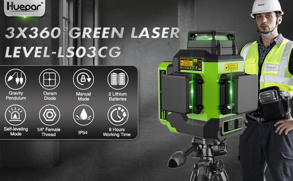 Huepar 12Lignes 3D Vert Niveau Laser Croisés Outil d'Auto-nivellement  Horizontales & Verticales Étui Rigide 2Batterie Li-ion-LS03CG - Cdiscount  Bricolage