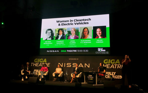 Women in clear tech. Fully charged show. Panellists. Discussing clean energy, electric vehicles and womanhood. 