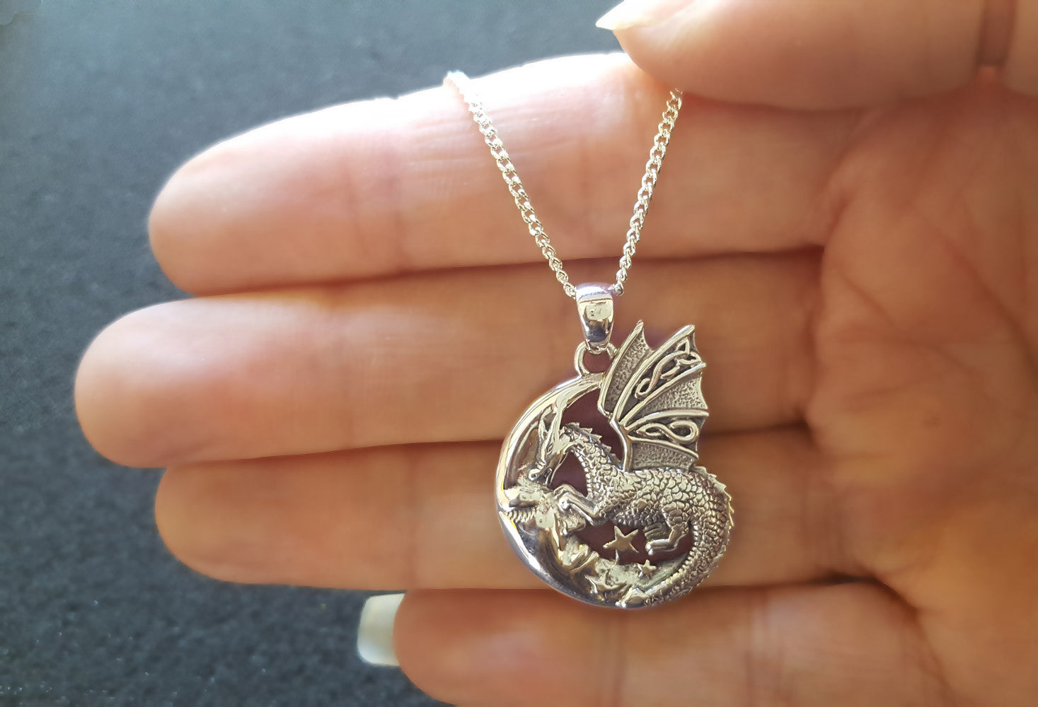 Dragon Necklace, Dragon On Crescent Moon Necklace, Sterling Silver