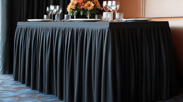 A black accordion pleat table skirt elegantly dresses a table with glassware and floral centerpiece.