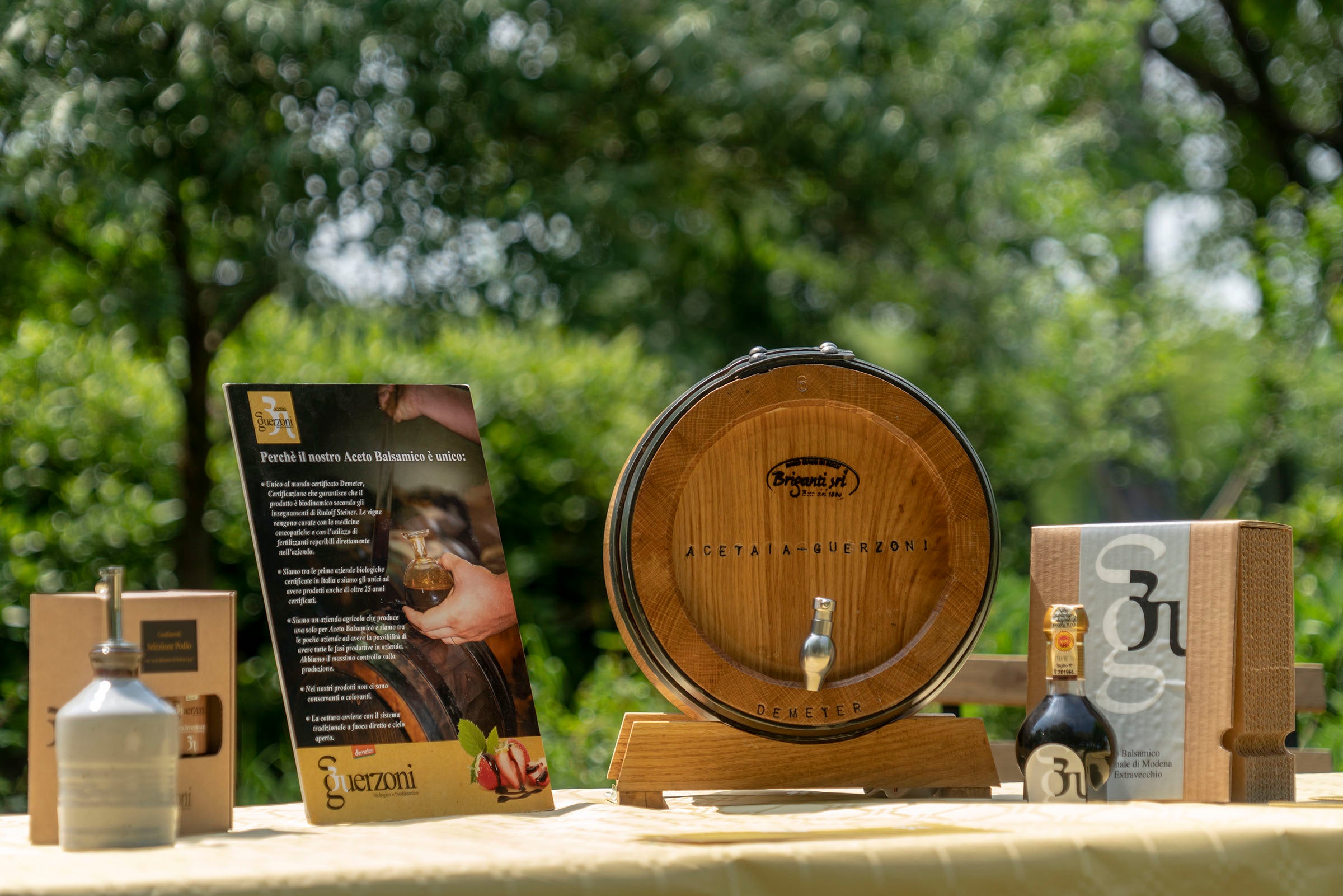 Outdoor display of Acetaia Guerzoni extra aged balsamic vinegar of modena