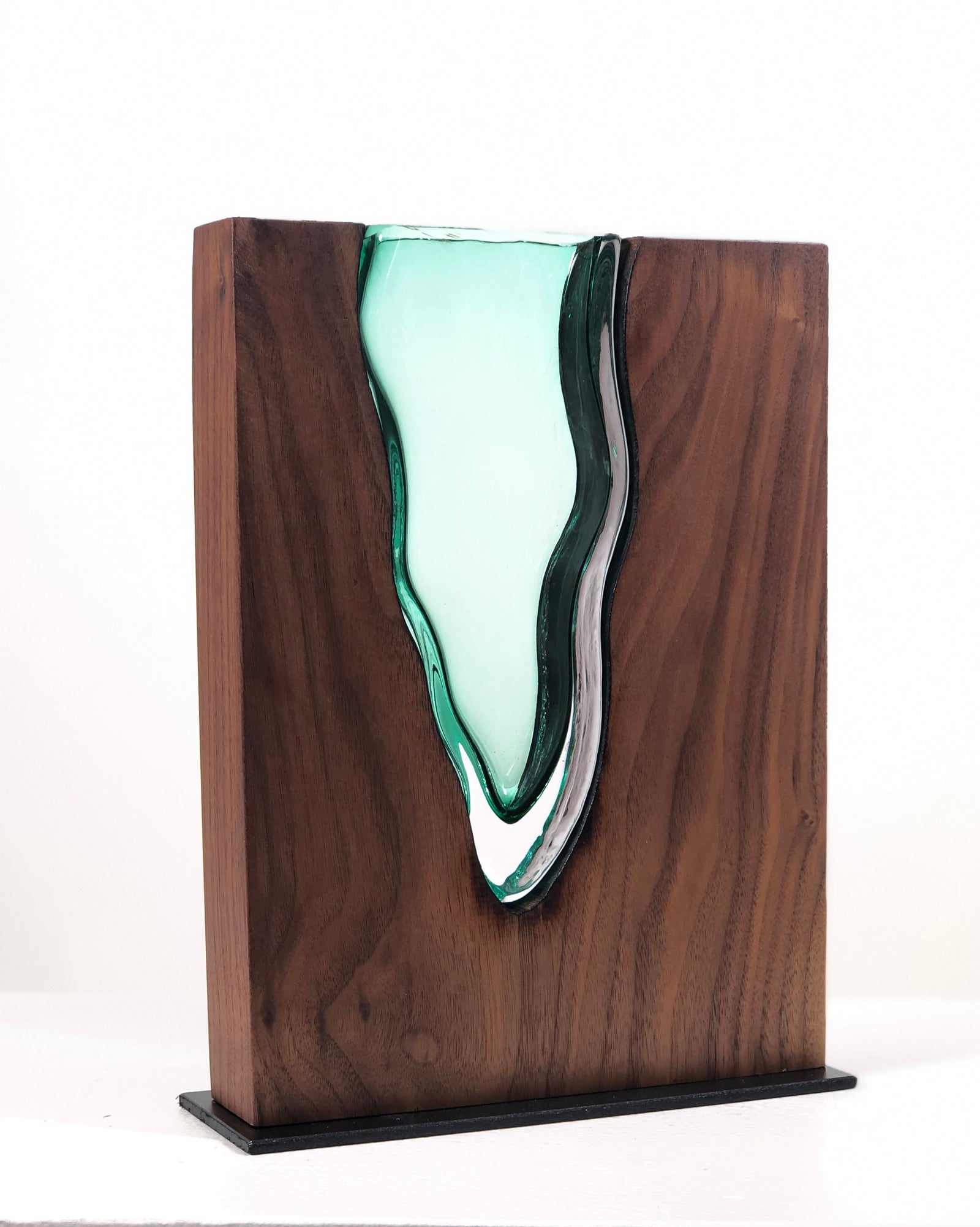 Clean Cut Walnut Wood with Hand blown Emerald Glass 