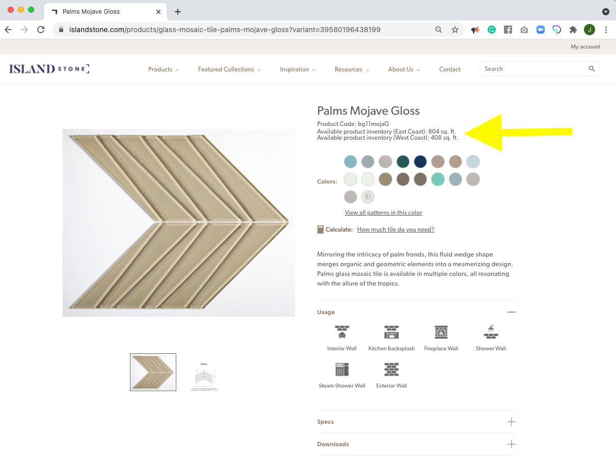 Screenshot of an Island Stone product page Palms Mojave Gloss with the inventory levels circled 