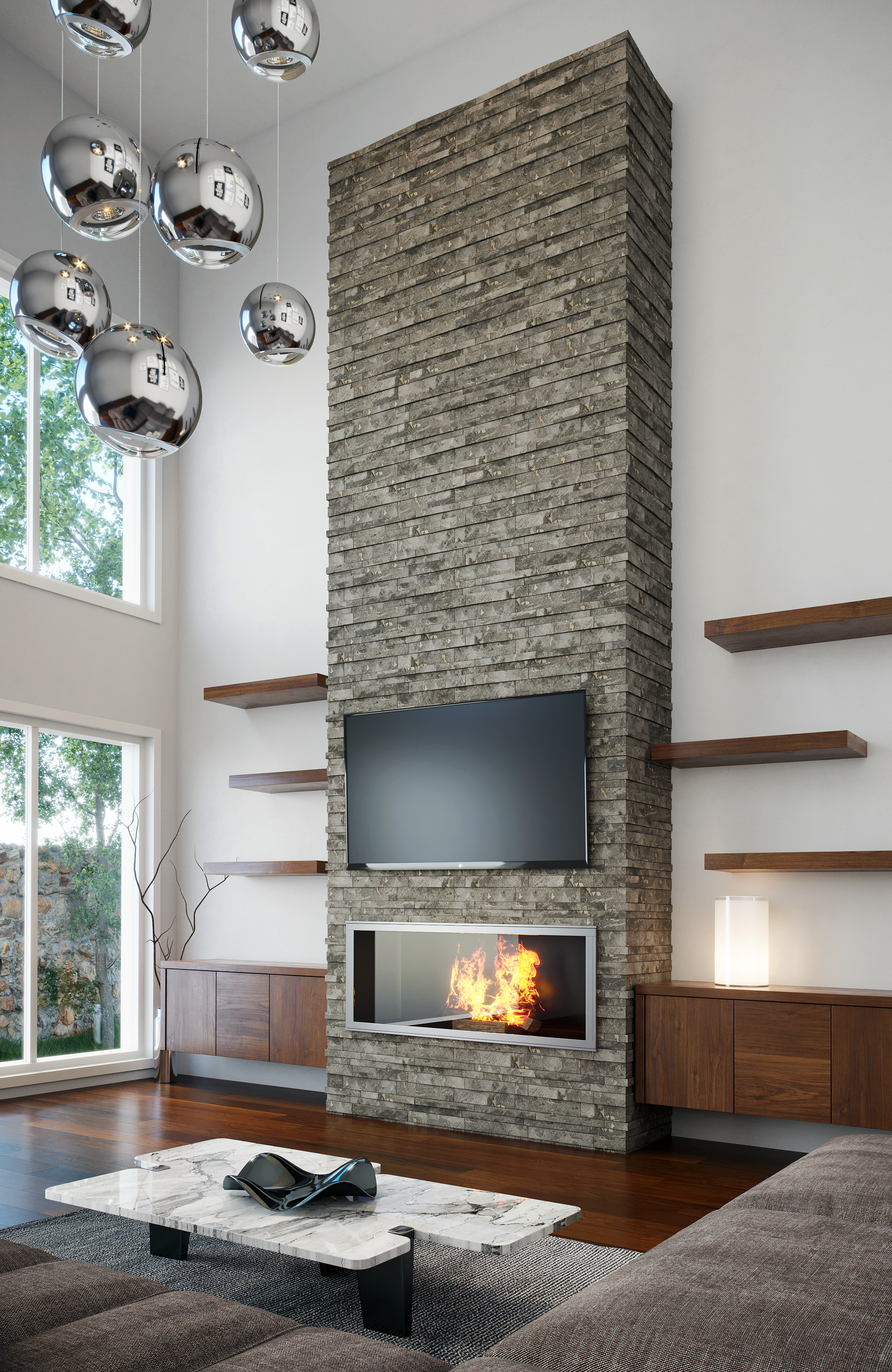 Island Stone Parallels V Tile Fireplace