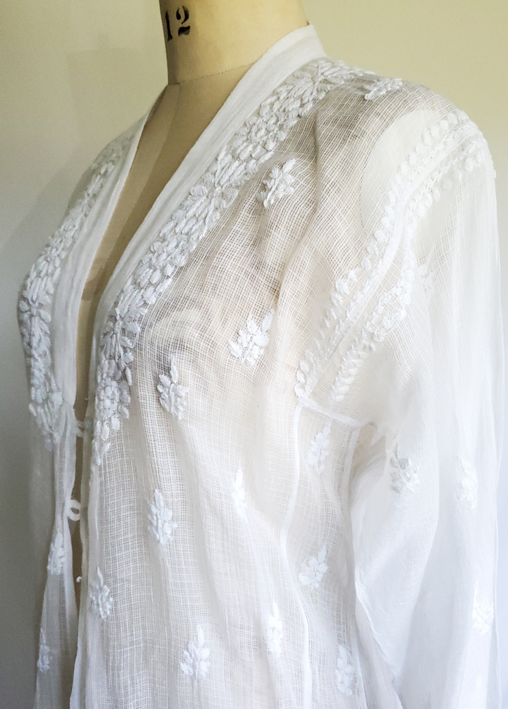 Hand embroidered sheer white cotton front opening kurta dress