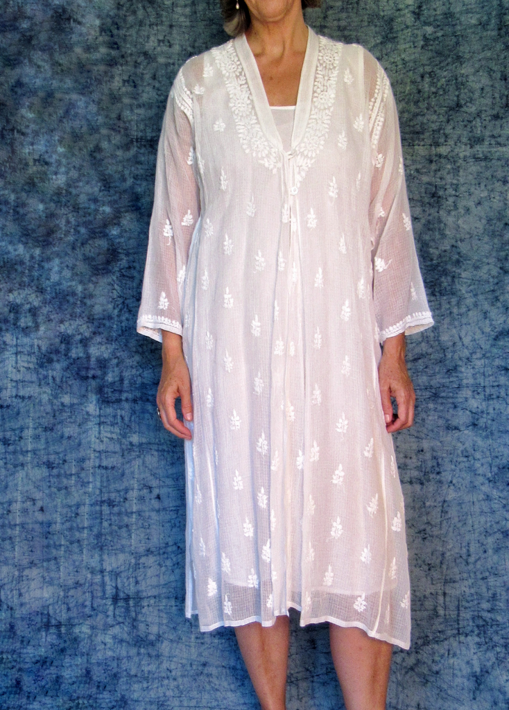 Hand embroidered sheer white cotton front opening kurta dress