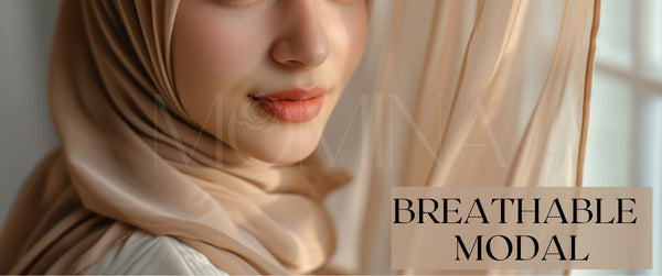 A hijabi wearing a beige colored modal hijab from momina hijabs