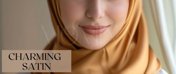 A hijabi wearing a gold colored matte satin hijab from Momina Hijabs