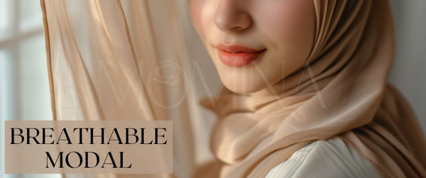 Un hijabi portant un hijab modal respirant de couleur nude de momina hijabs